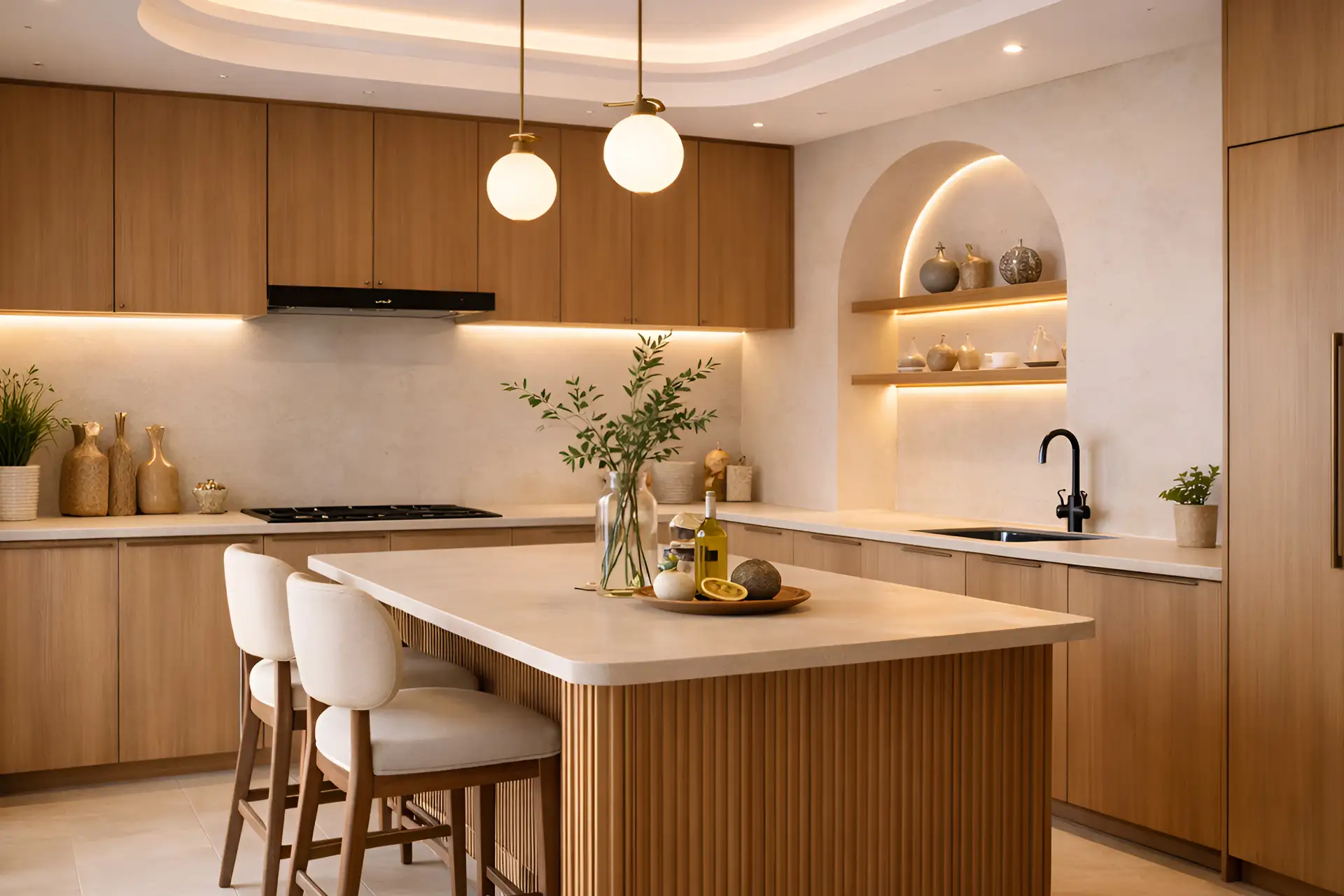 Luxury custom-made wooden dining table and kitchen cabinets in Karama.