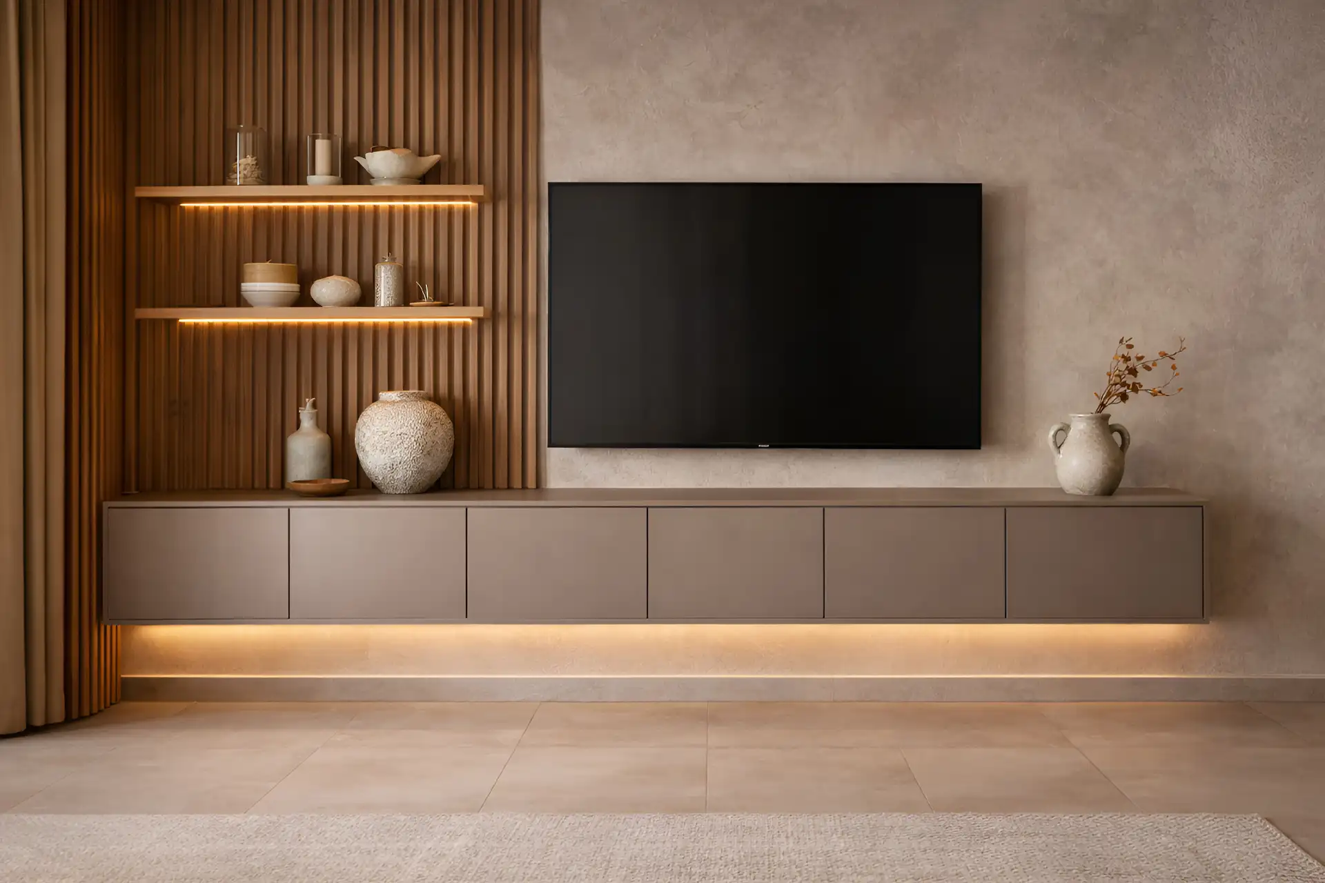 Minimalist modern majlis design with fluted wood wall panels.